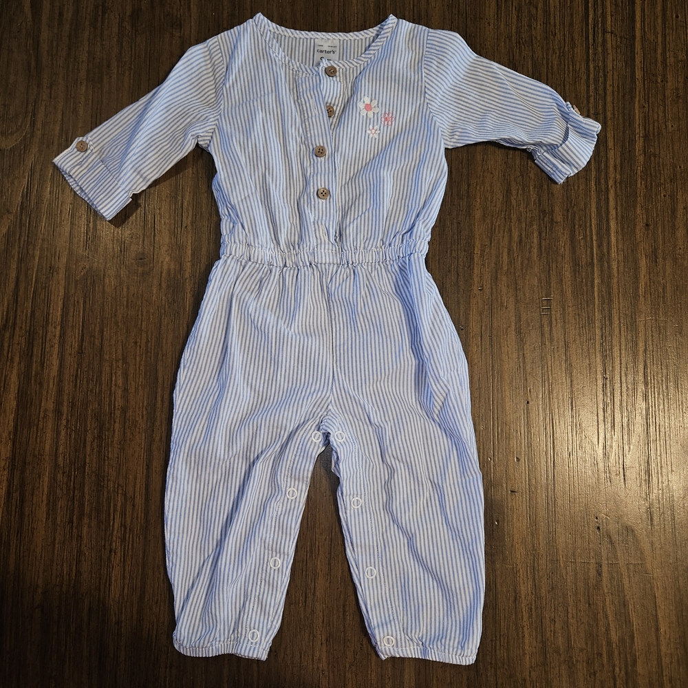 Carter's Blue and White Striped Button-Up Romper